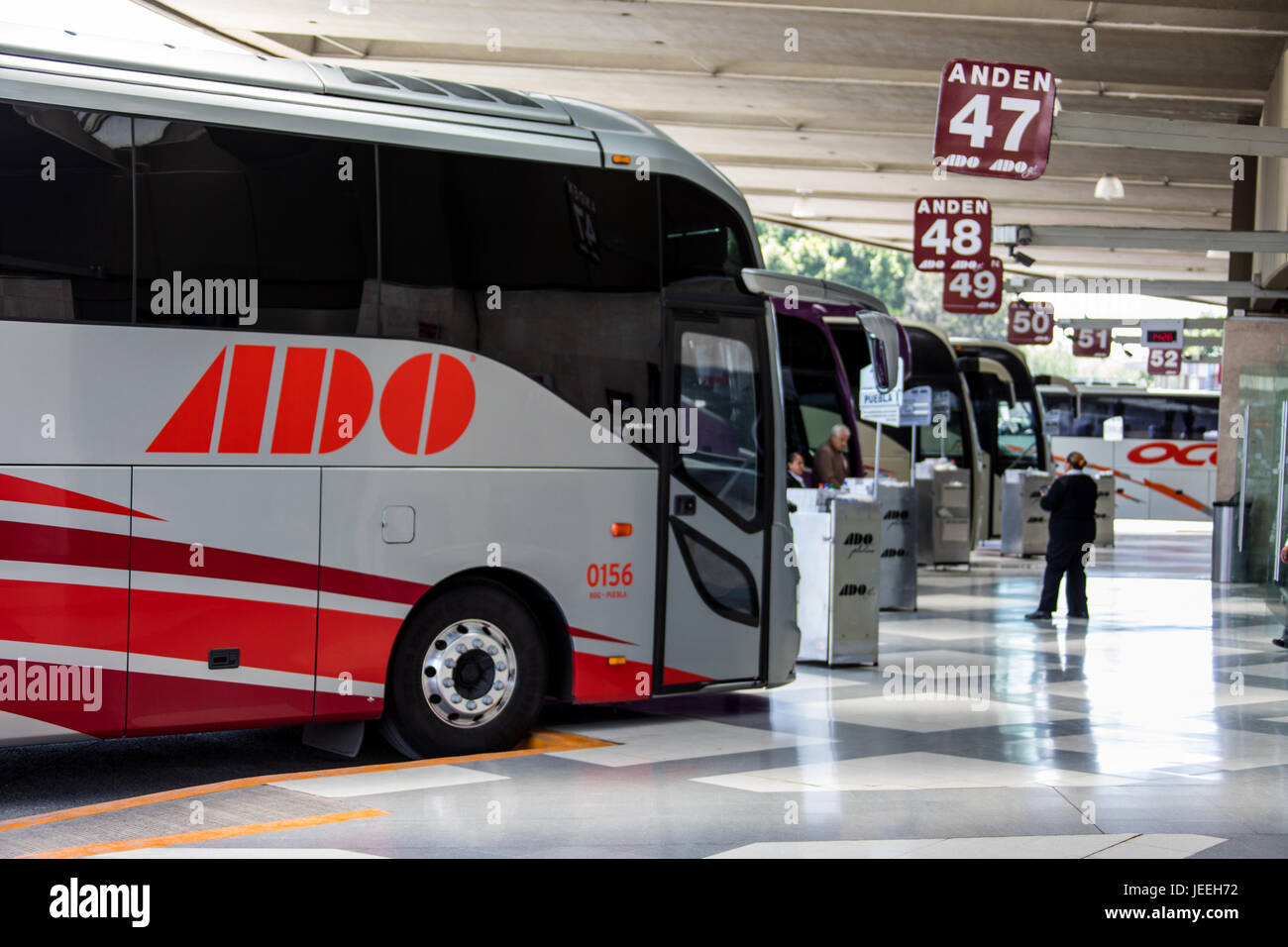 ADO bus in TAPO, Terminal de Autobuses de Pasajeros de Oriente or Eastern Passenger Bus Terminal, Mexico City, Mexico Stock Photo