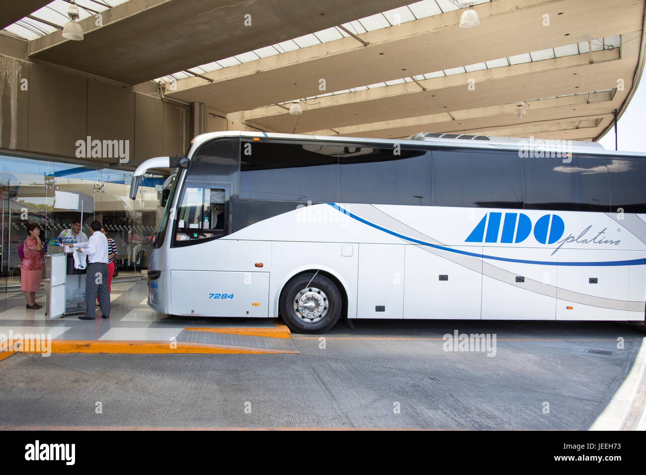 ADO Platinum bus in TAPO, Terminal de Autobuses de Pasajeros de Oriente or Eastern Passenger Bus Terminal, Mexico City, Mexico Stock Photo