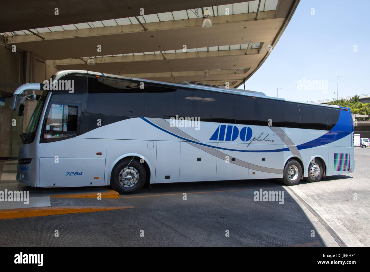 ADO Platinum bus in TAPO, Terminal de Autobuses de Pasajeros de Oriente or Eastern Passenger Bus Terminal, Mexico City, Mexico Stock Photo