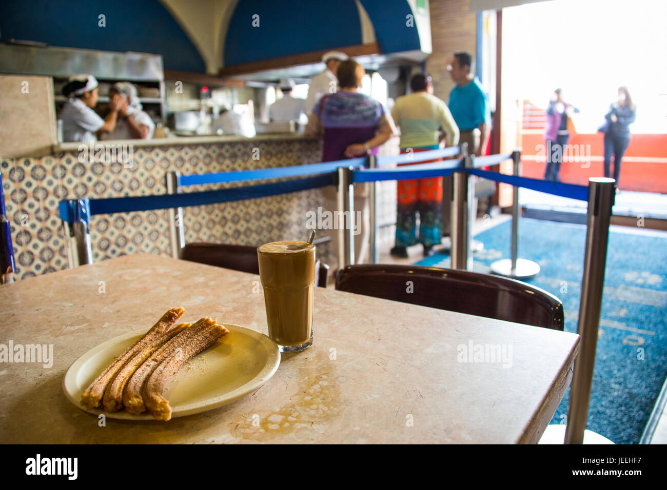 Churros and coffe at El Moro Cafe, Mexico City, Mexico Mexico City, Mexico Stock Photo