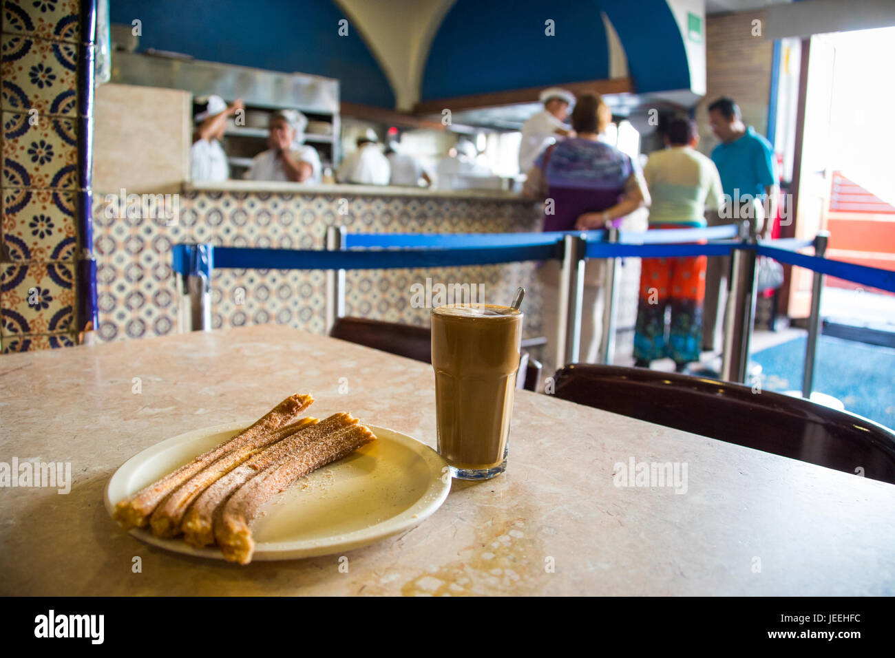 Churros and coffe at El Moro Cafe, Mexico City, Mexico Mexico City, Mexico Stock Photo