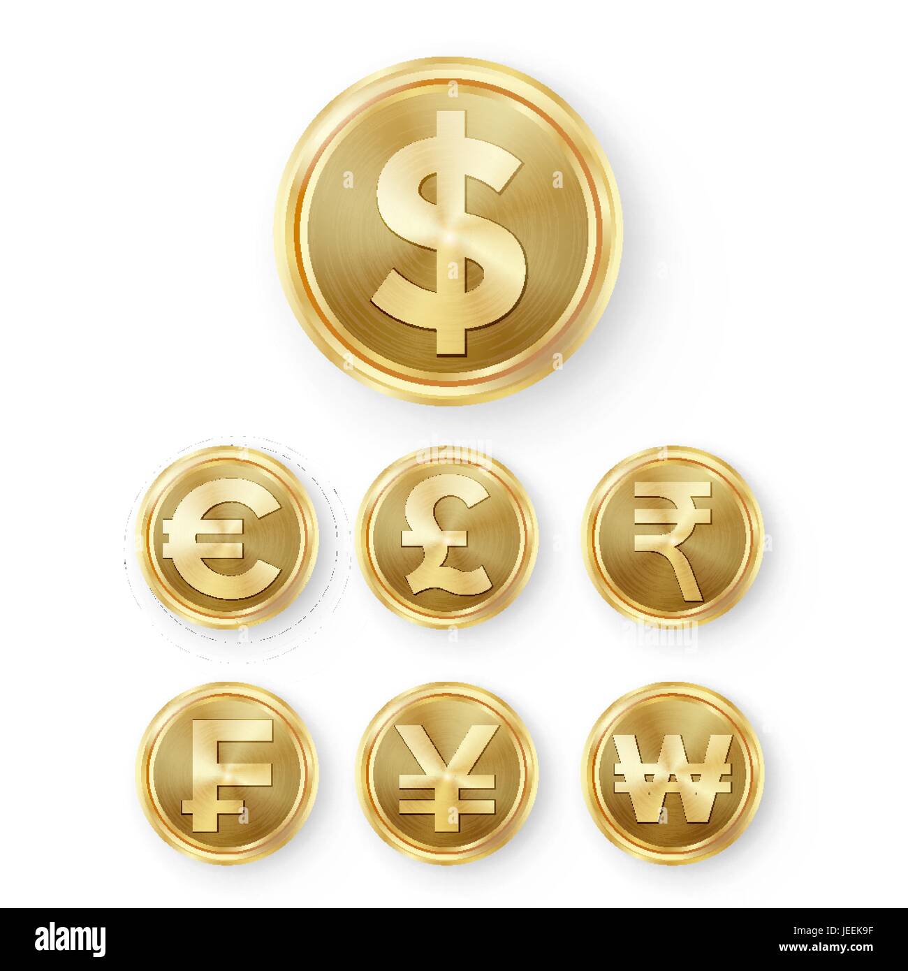 Gold Coins Set Vector. Realistic Money Sign. Dollar, Euro, GBP, Rupee,  Franc Renminbi Yuan Won Stock Vector Image & Art - Alamy