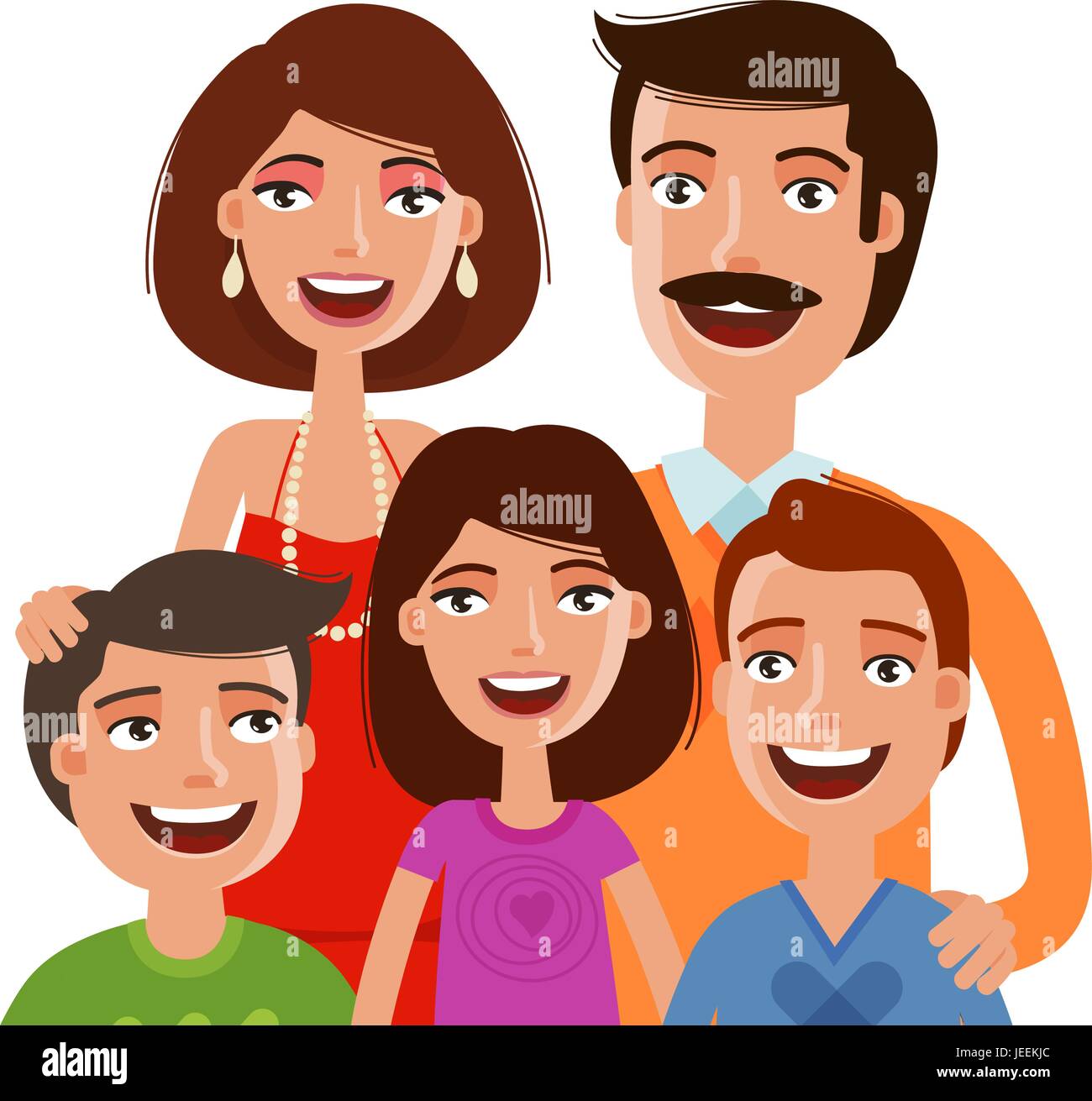 Happy large family, portrait. People, parents and children. Cartoon