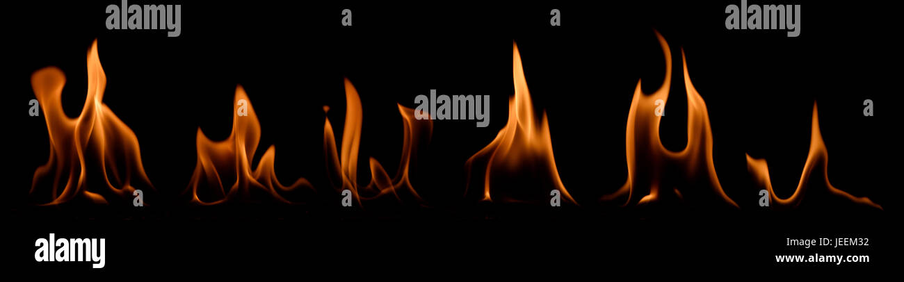 set of fire flames isolated on black background Stock Photo - Alamy