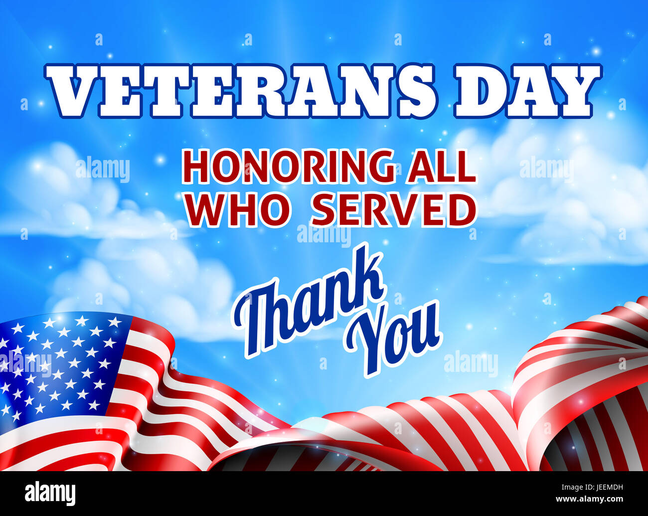 A Veterans Day sky background with an American Flag and Thank You message Stock Photo