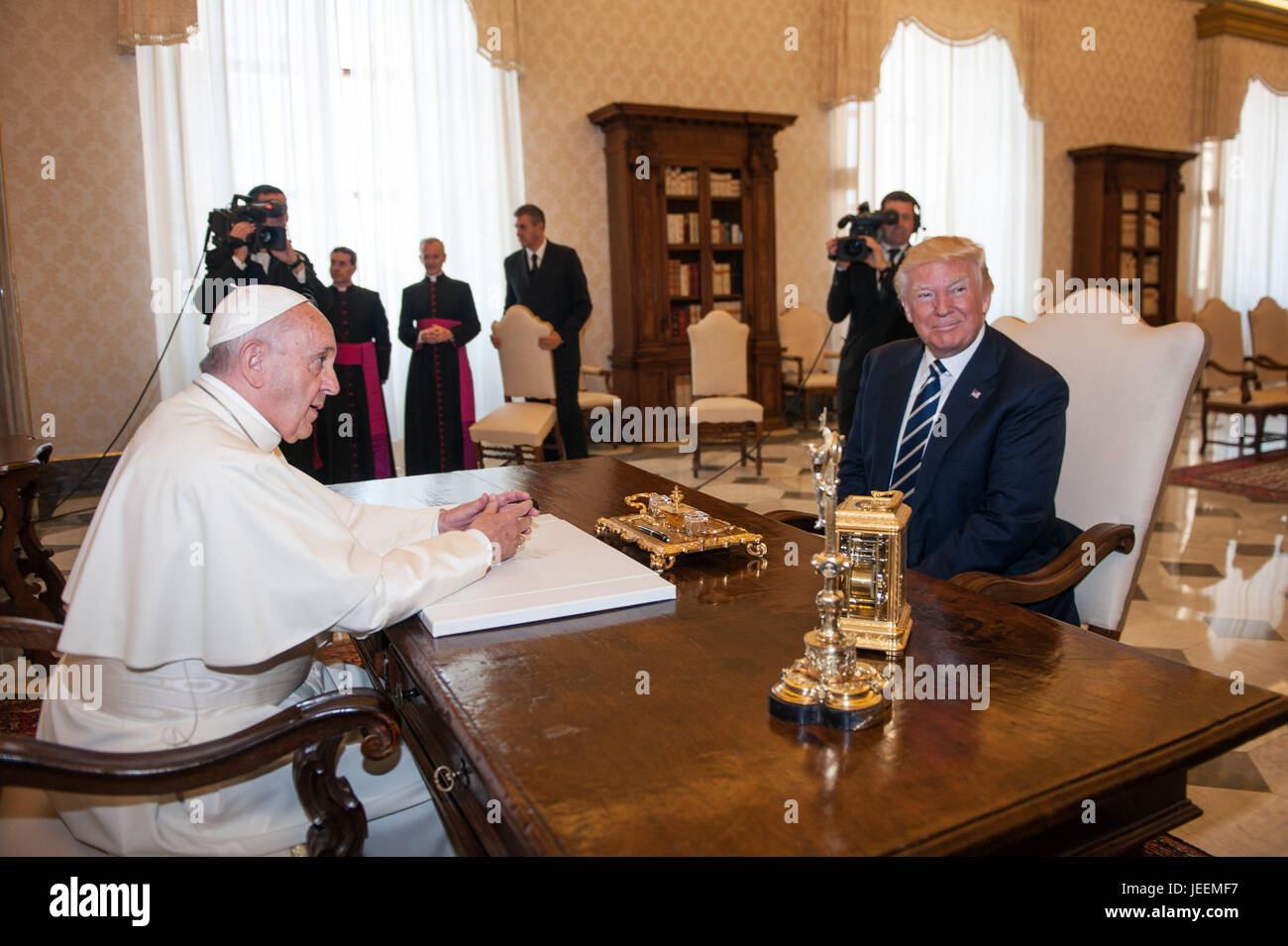 U.S. President Donald Trump, Melania Trump and Ivanka Trump meet with Pope  Francis at the Vatican Featuring: Donald Trump, Pope Francis Where: Rome,  Italy When: 24 May 2017 Credit: IPA/WENN.com **Only available
