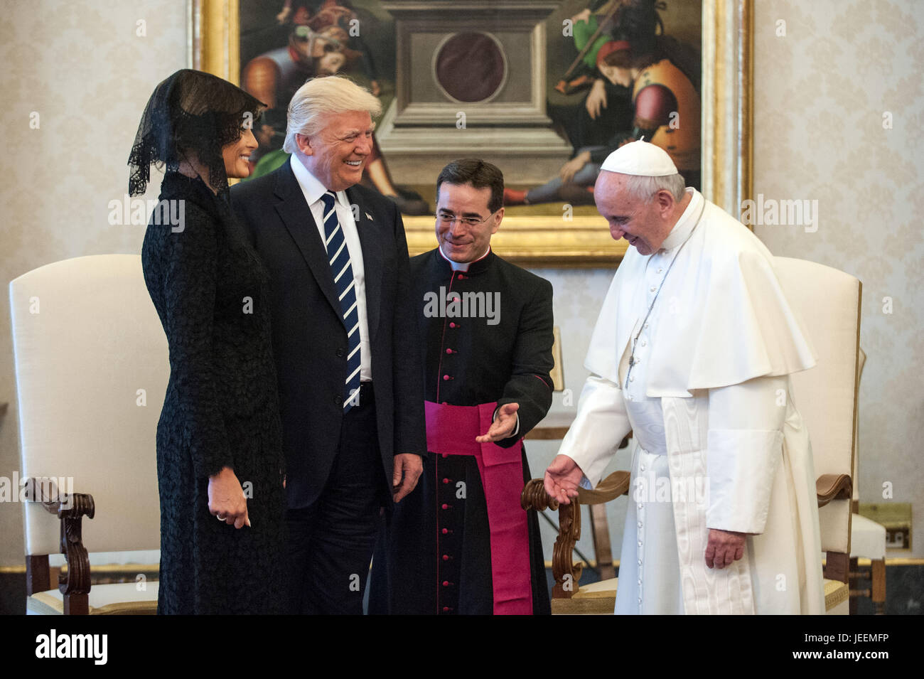 U.S. President Donald Trump, Melania Trump and Ivanka Trump meet with Pope  Francis at the Vatican Featuring: Donald Trump, Melania Trump, Pope Francis  Where: Rome, Italy When: 24 May 2017 Credit: IPA/WENN.com **