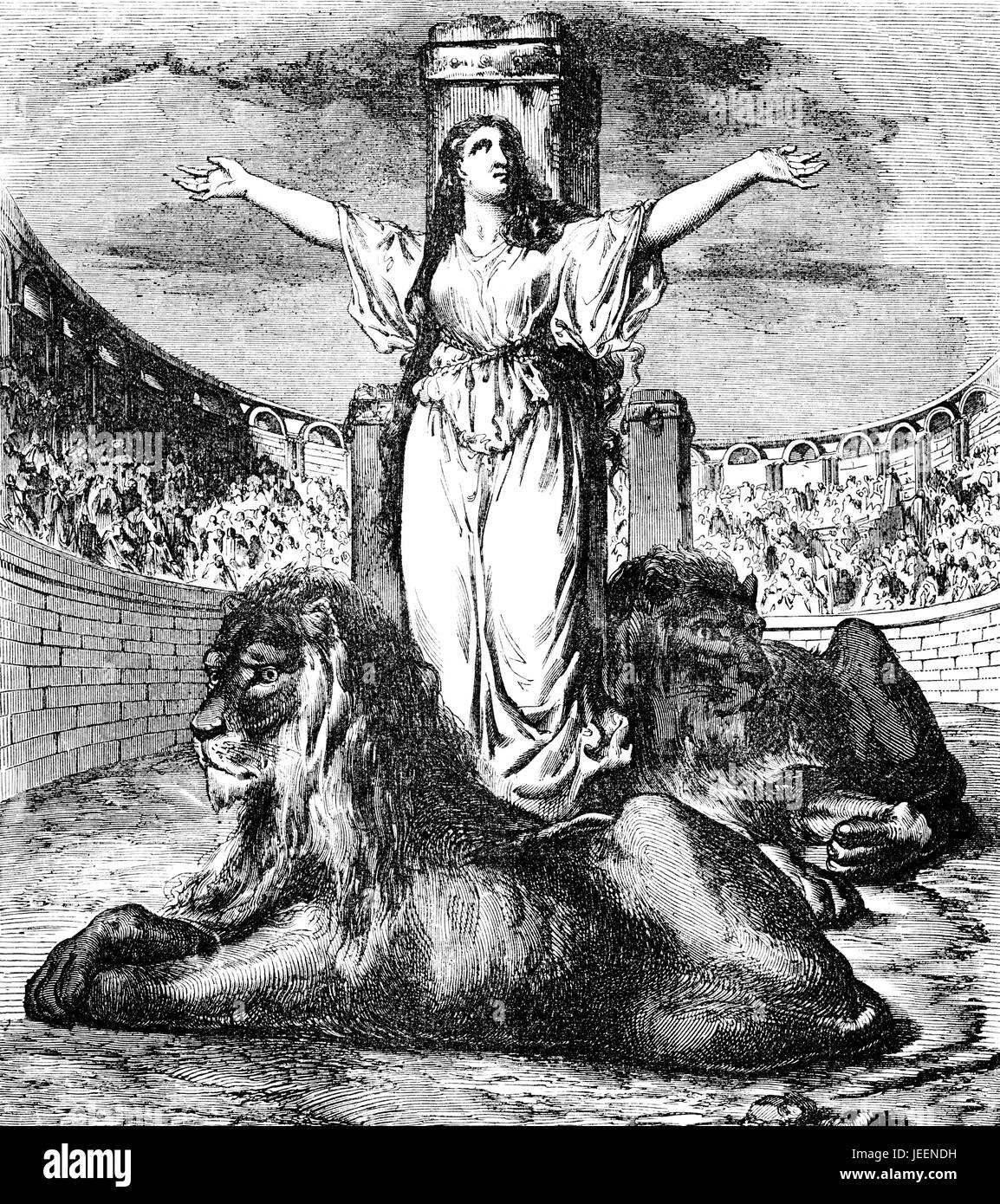 Saint Blandina or Blandine in the arena with lions, died 177 AD, a Christian martyr during the reign of Emperor Marcus Aurelius Stock Photo