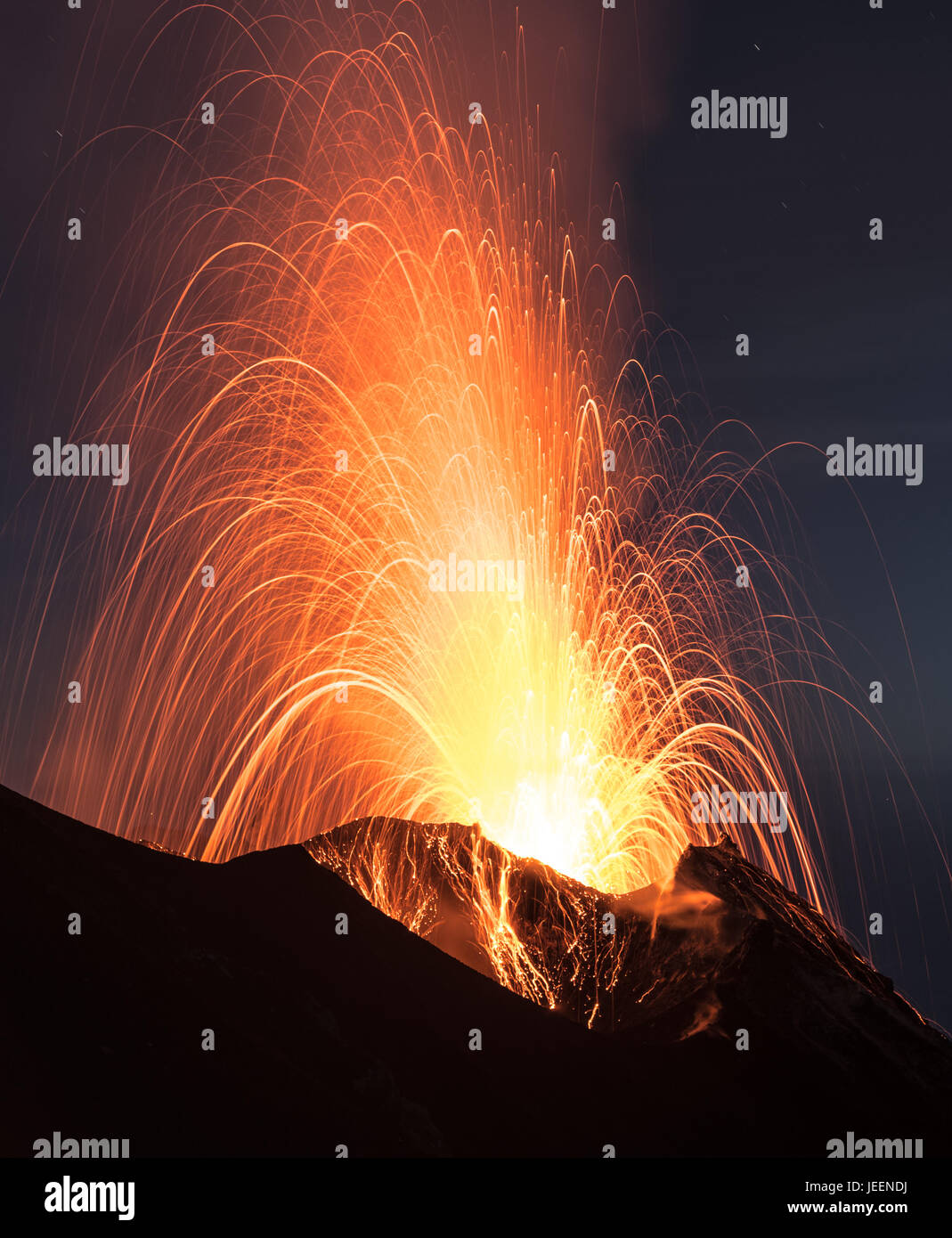 Strong strombolian volcanic eruption from Stromboli volcano (Eolian