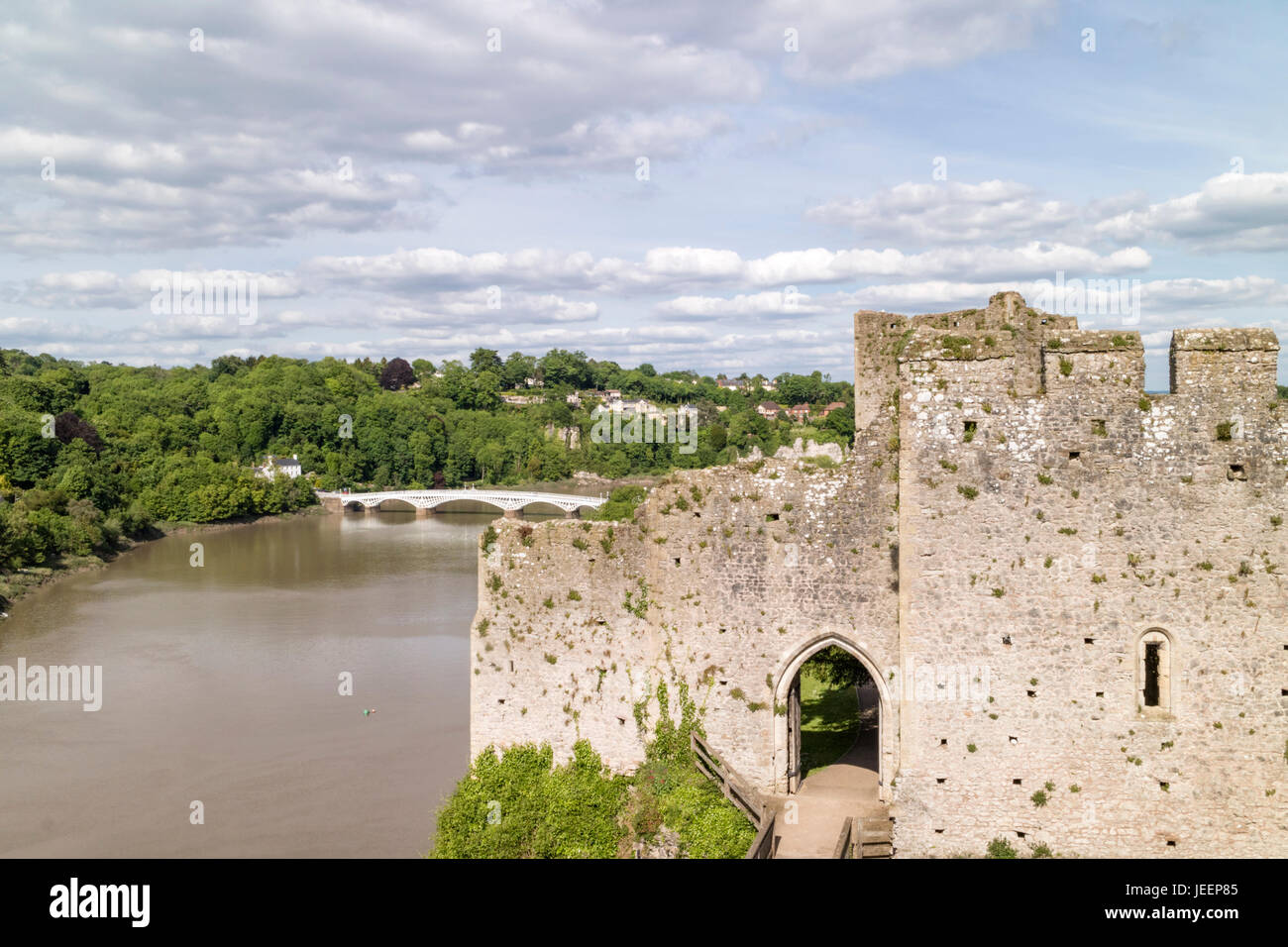Chepstow Castle overlooking the River Wye, Chepstow, Monmouthshire, Wales, UK Stock Photo