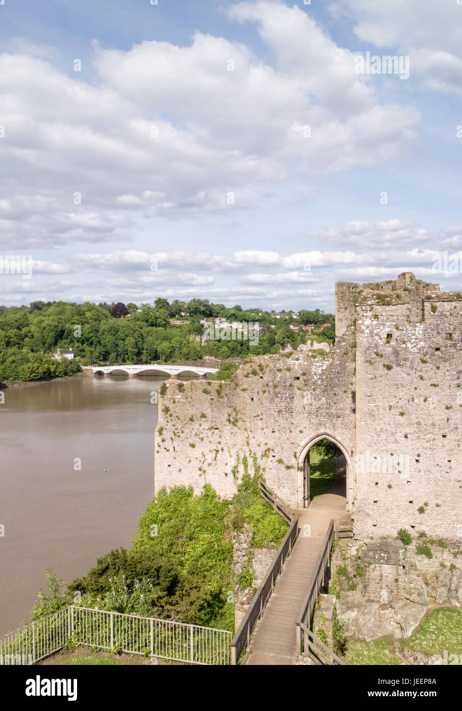 Chepstow Castle overlooking the River Wye, Chepstow, Monmouthshire, Wales, UK Stock Photo