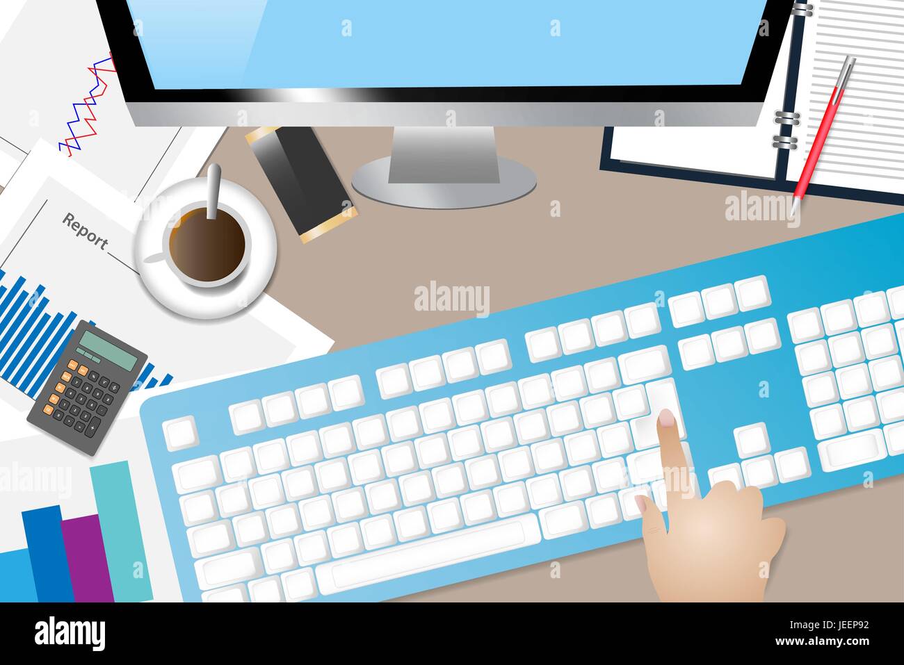 Top view of the office desk with office supplies. Hand is touching