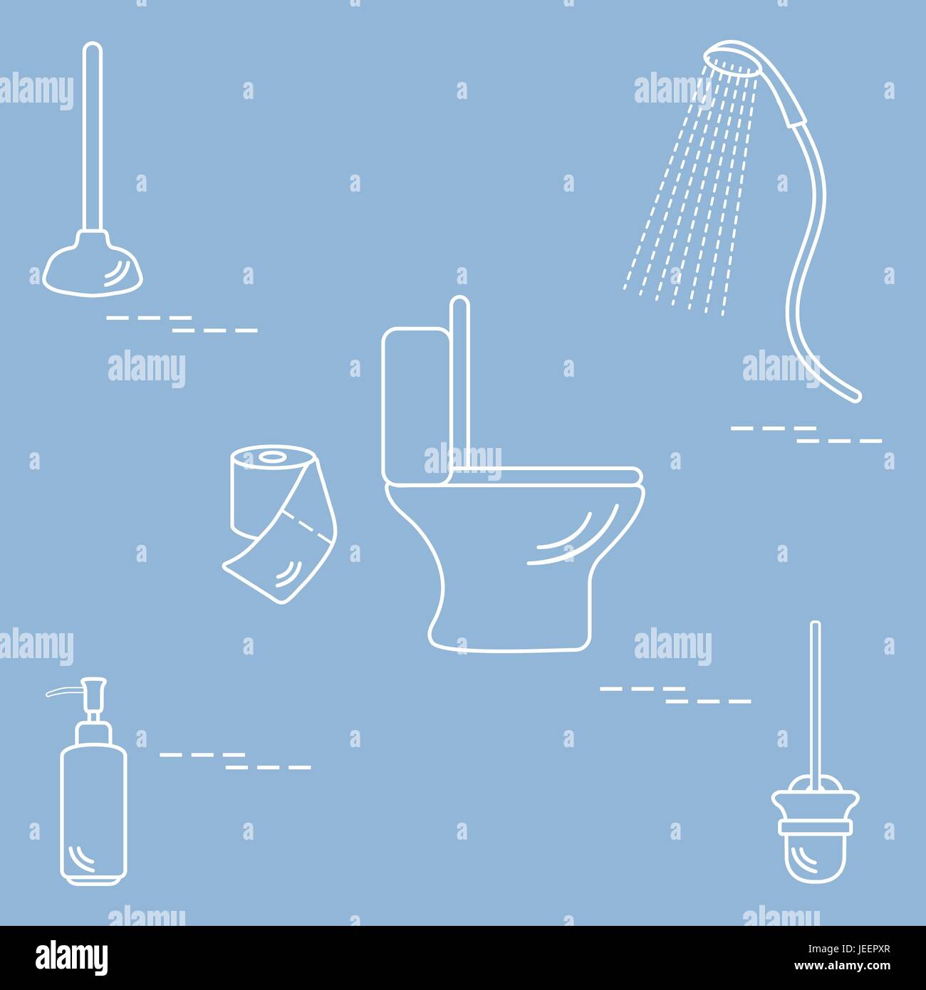 Vector illustration with toilet bowl, shower, toilet paper, soap