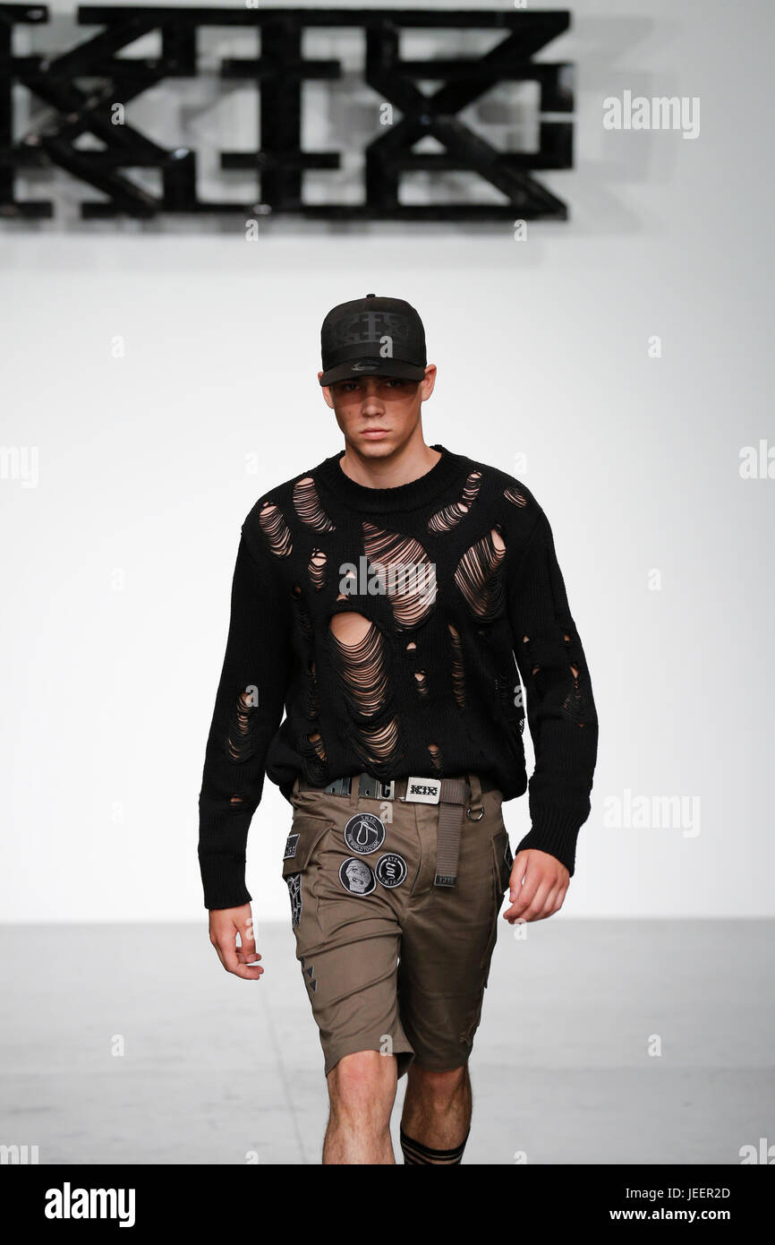 vrijgesteld waterbestendig Arrangement KTZ SS18 catwalk at Strand 180 during London Fashion Week Mens with a male  models taking the stage and producing very urban fashion show with a bang  Stock Photo - Alamy