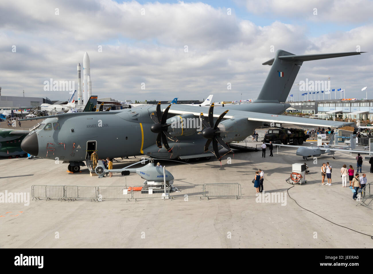 PARIS, FRANCE - JUN 23, 2017: French Air Force Airbus A400M military transport plane on display at the Paris Air Show 2017. Stock Photo