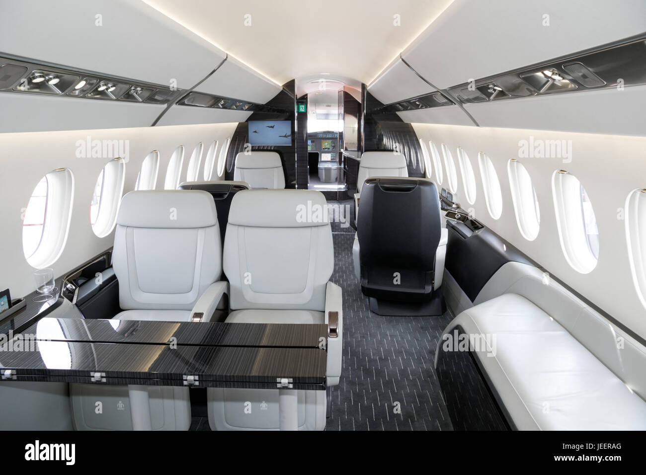 PARIS, FRANCE - JUN 23, 2017: Modern interior of the long-range business jet Dassault Falcon 5X at the Paris Air Show 2017. Stock Photo