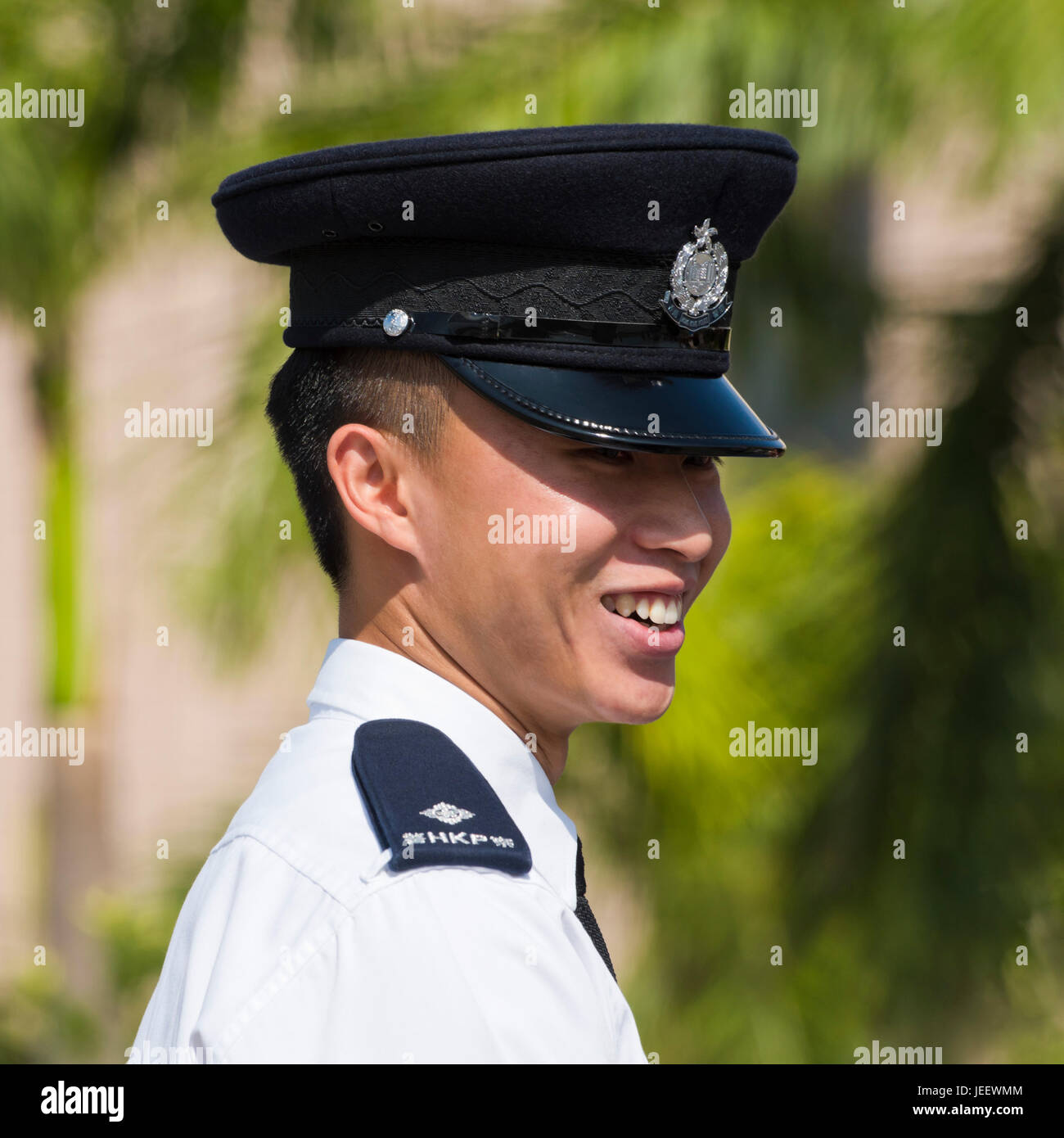 Square portrait of a policeman in Hong Kong, China. Stock Photo