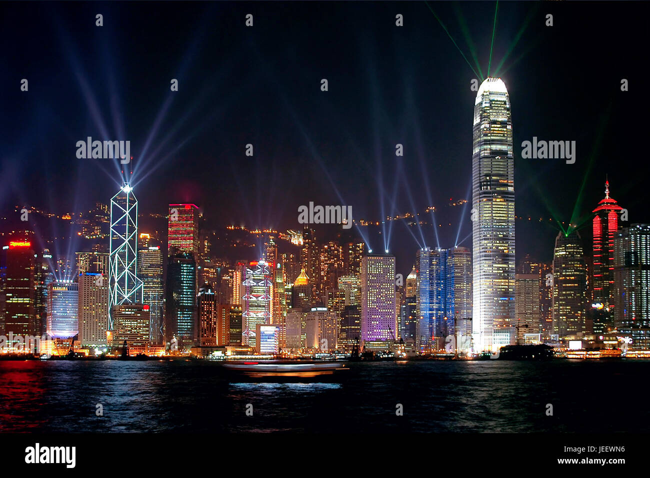 Horizontal view of the lightshow in Hong Kong at night, China. Stock Photo