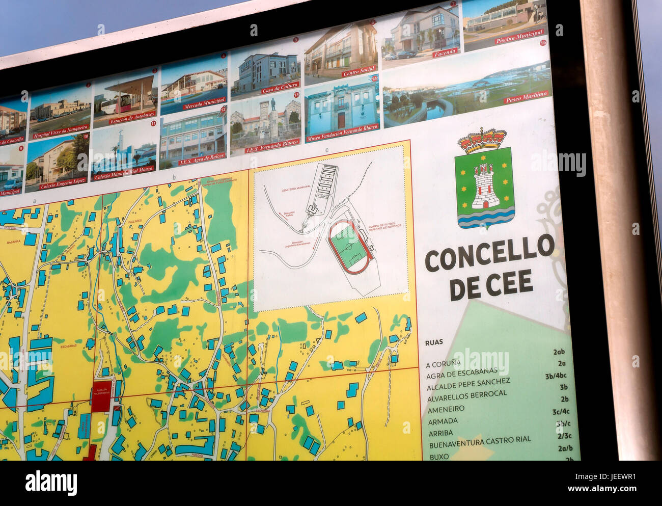 Informative map of the town, Cee, La Coruna province, Region of Galicia, Spain, Europe Stock Photo