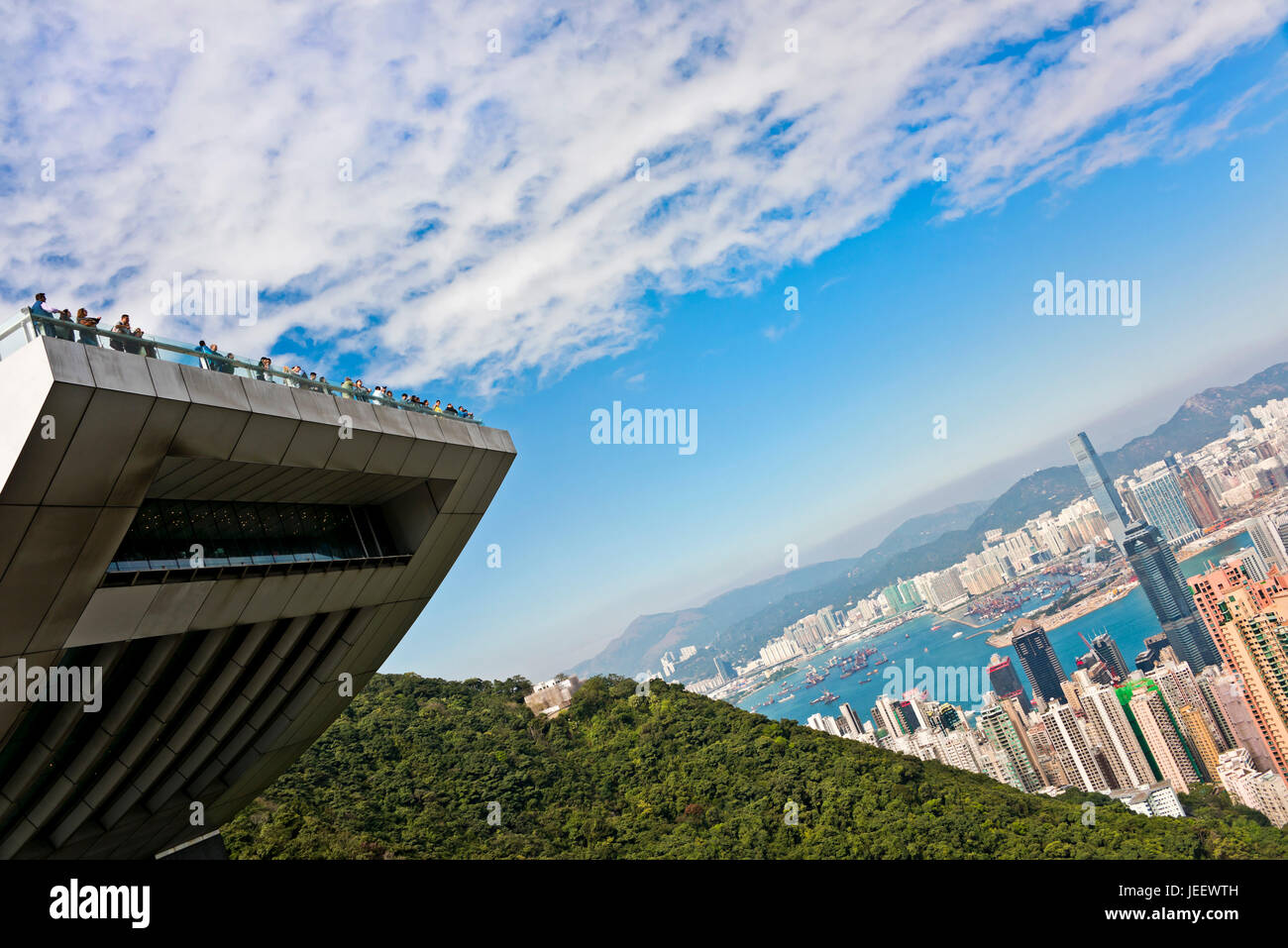 Horizontal view of the Peak Tower viewing platform at the Peak in Hong Kong, China. Stock Photo