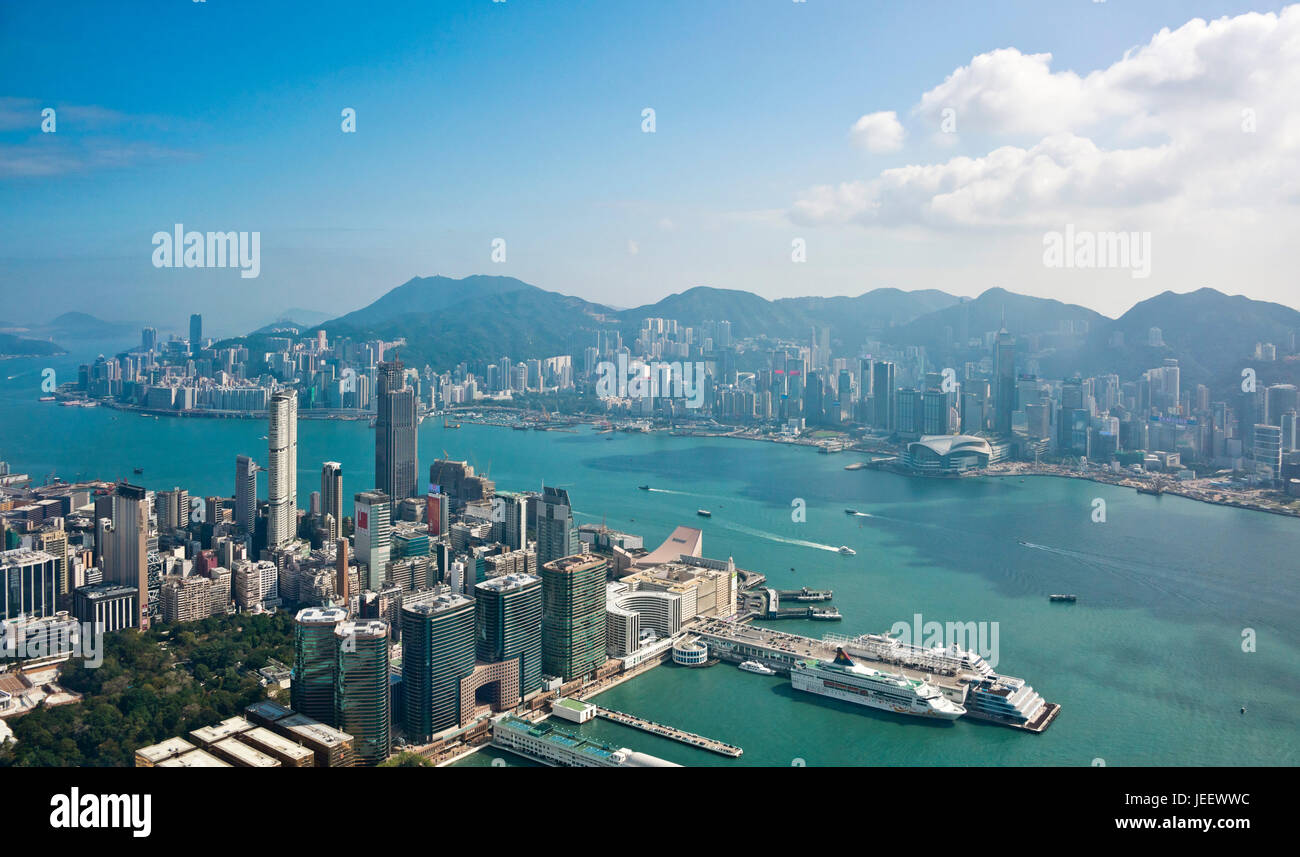 Horizontal aerial panoramic cityscape of Hong Kong, China. Stock Photo
