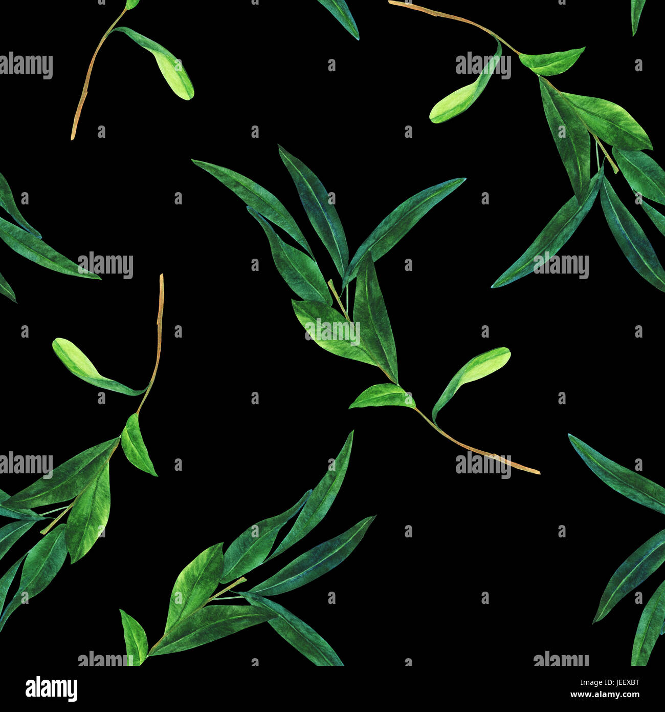 A seamless pattern with a watercolor drawing of a green olive branch on ...