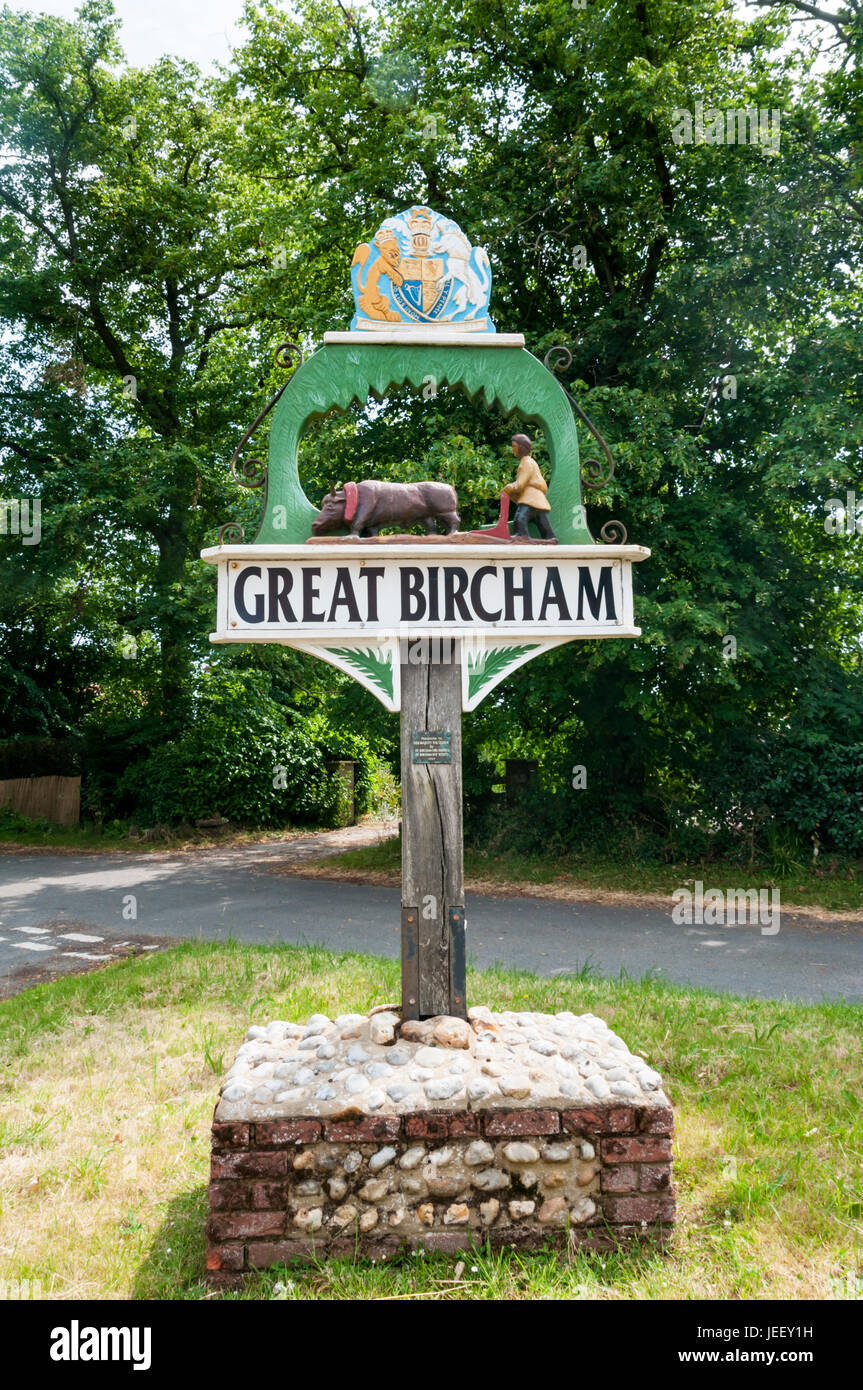 The village sign for Great Bircham in Norfolk. Stock Photo