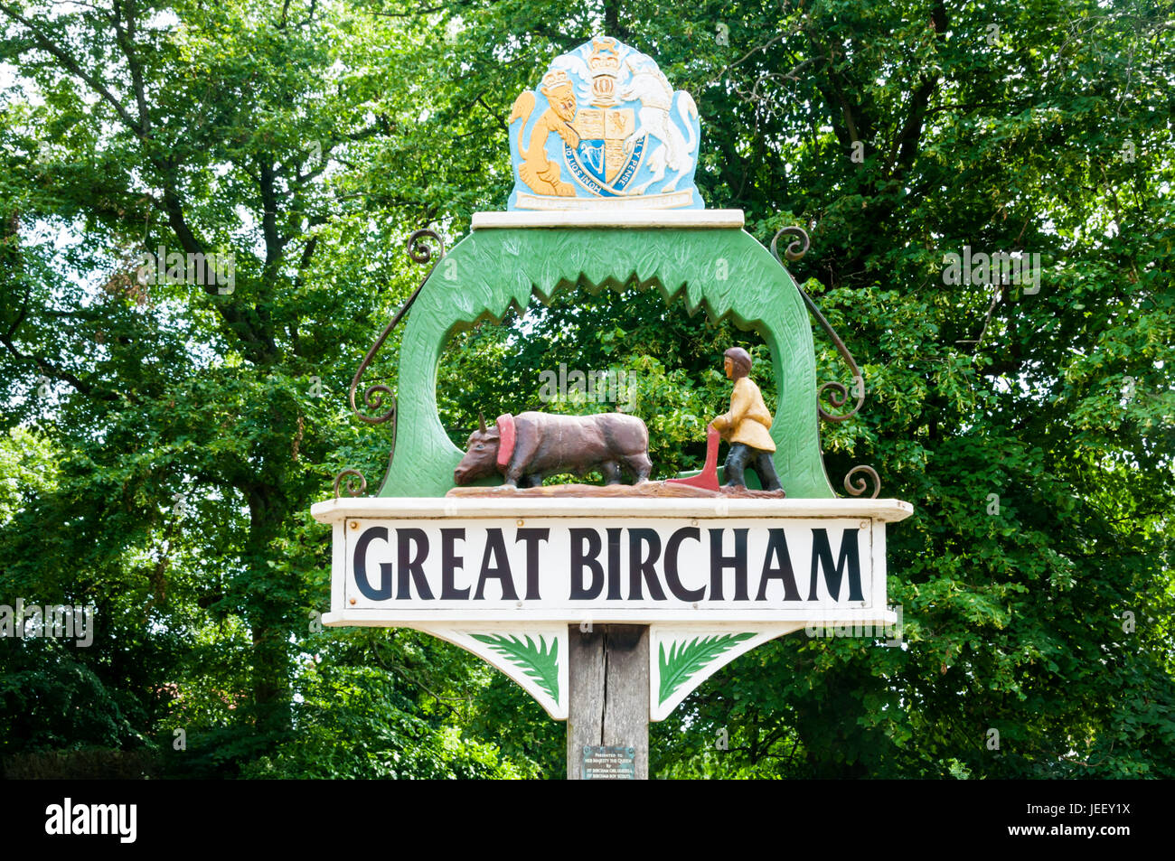 The village sign for Great Bircham in Norfolk. Stock Photo