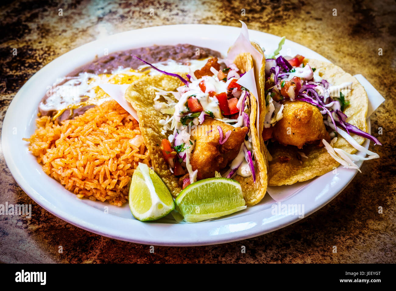 Fish tacos, standard fare in southern California. Stock Photo