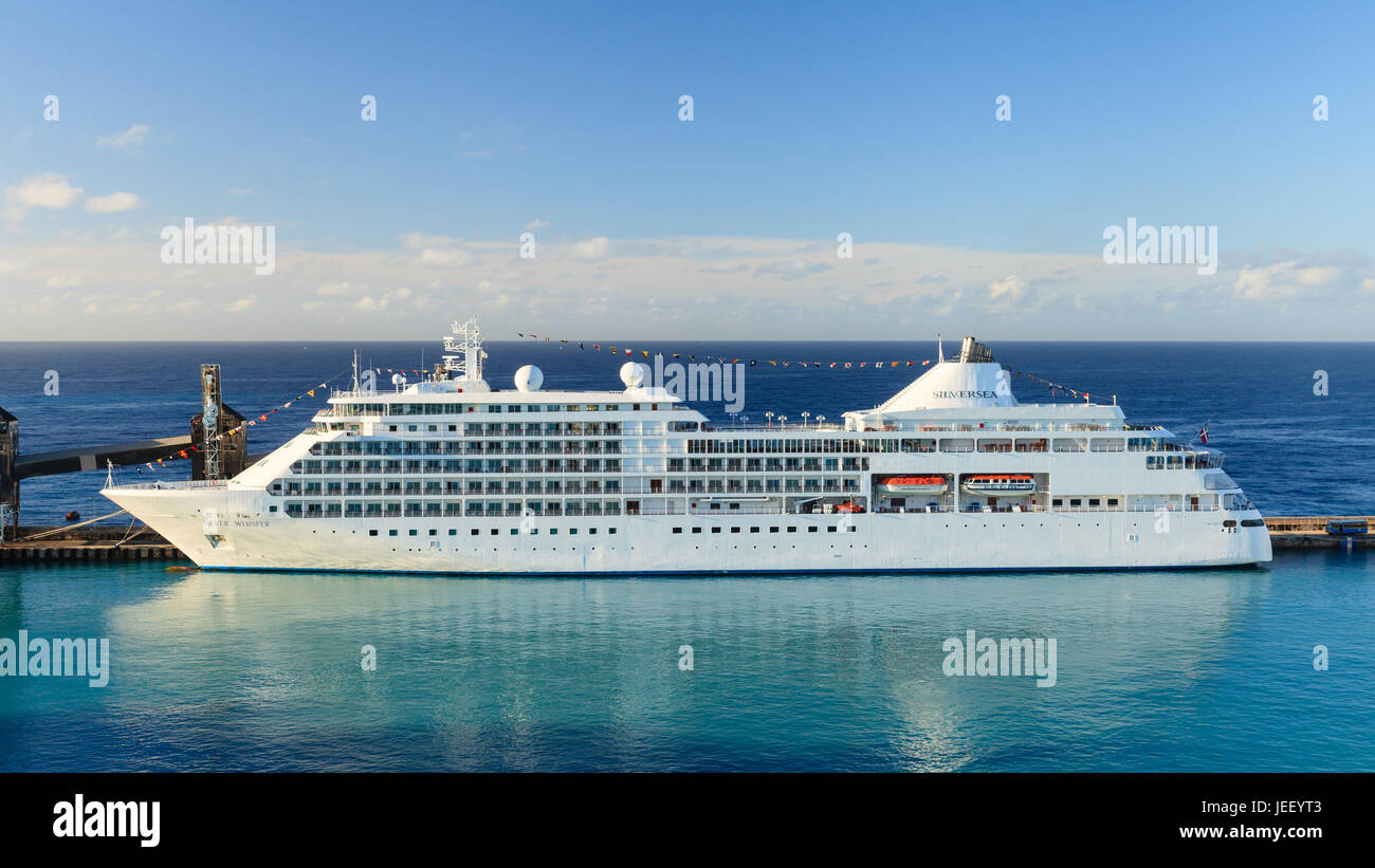 Cruise ship Silver Whisper in Bridgetown.  Silver Whisper entered service in 2000 and is a luxury cruise ship operated by Silversea Cruises. Stock Photo
