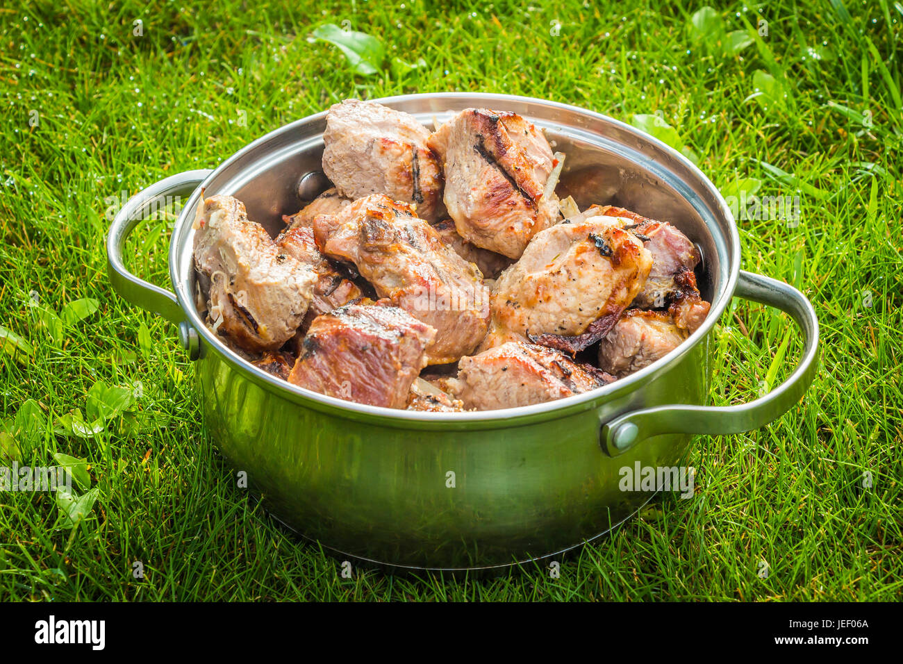 Readyfried meat in barbecue is in a saucepan on a green lawn Stock