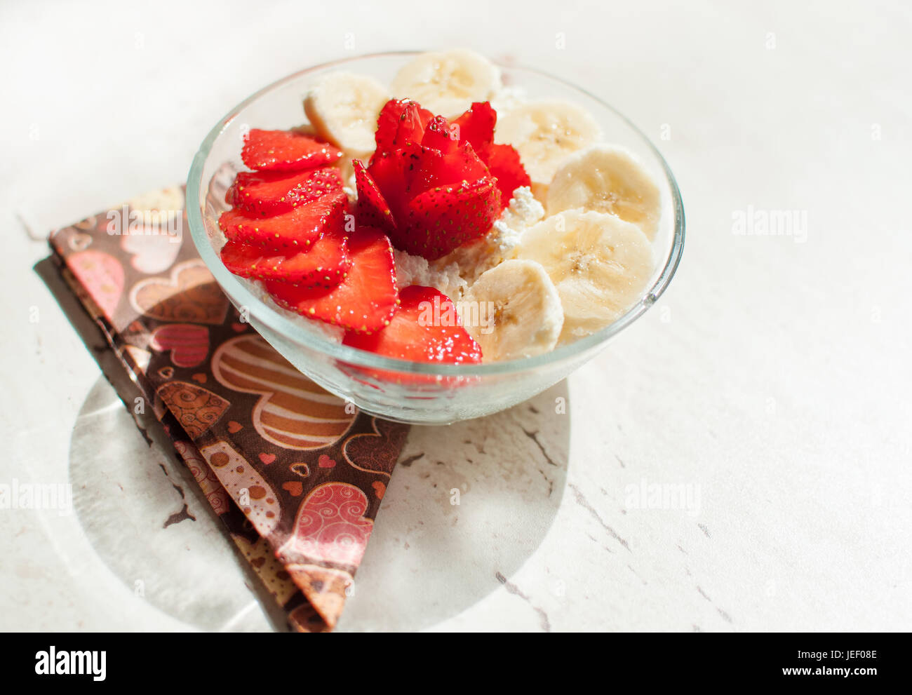 Bowl Of Cottage Cheese With Strawberry And Banana Close Up Stock
