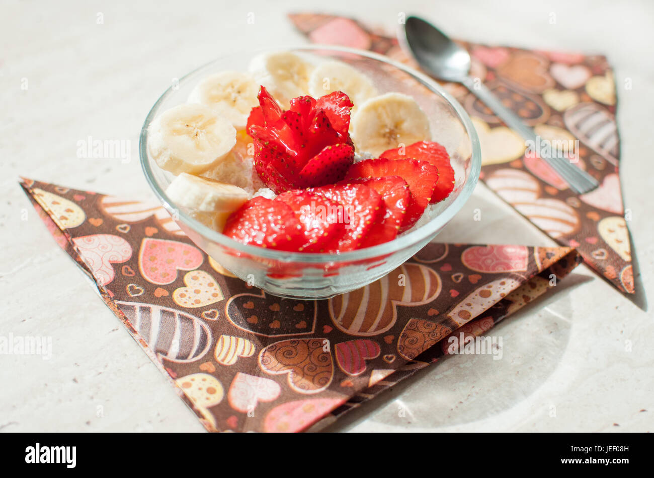 Bowl Of Cottage Cheese With Strawberry And Banana Close Up Stock