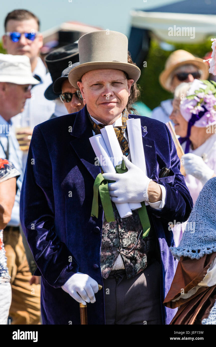 Mature man, 50s, dressed as Victorian solicitor with rolls of legal papers clutched to chest. Mauve jacket, and top hat. Facing. Outdoors, sunshine. Stock Photo