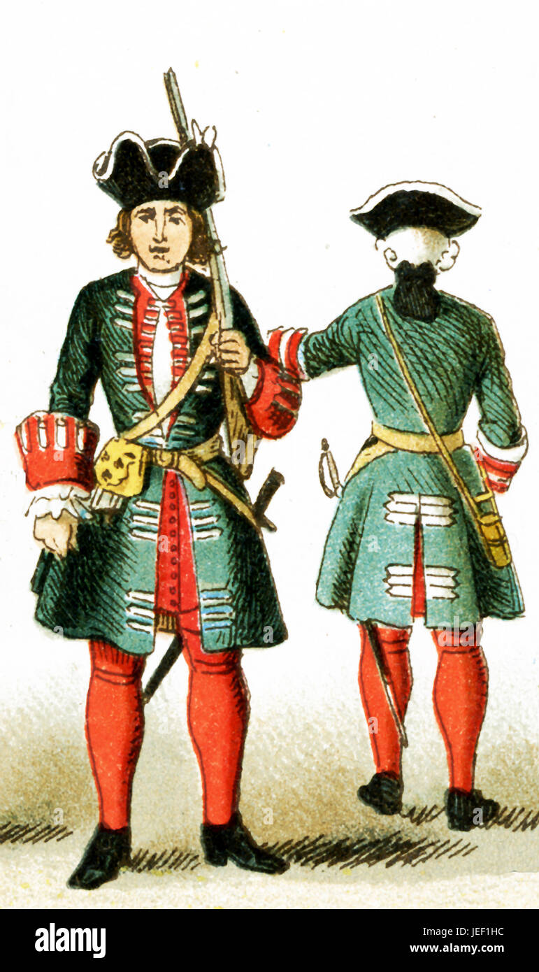 The figures represented here are two French guardsmen under Louis XV from 1700 to 1750 A.D. The illustration dates to 1882. Stock Photo