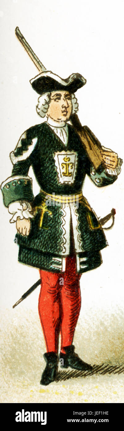 The figure represented here is a French palace guard from 1700 to 1750 A.D. The illustration dates to 1882. Stock Photo