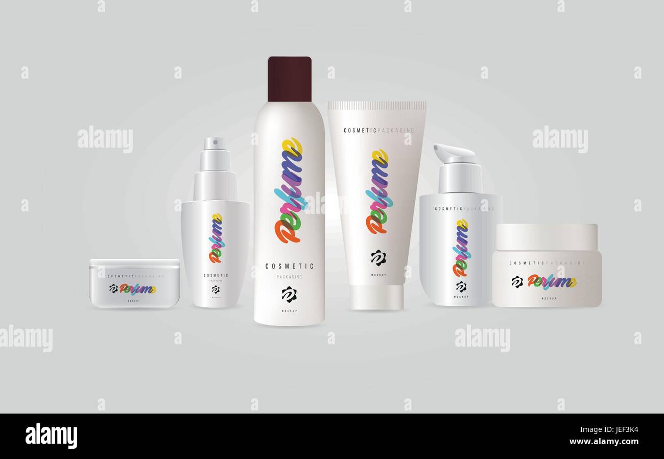 Set of cosmetic bottles mockup. Shampoo, Perfume, Cream packaging Stock Vector