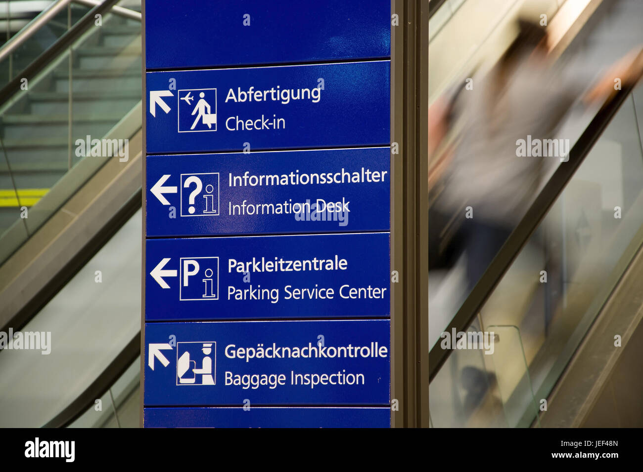 Signs in the airport, Hinweisschilder im Flughafen Stock Photo