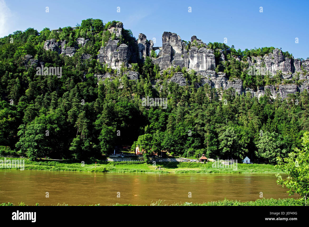The bastion, Elbsandsteingebirge, Saxon Switzerland, Saxony,, Die Bastei, Saechsische Schweiz, Sachsen, Stock Photo