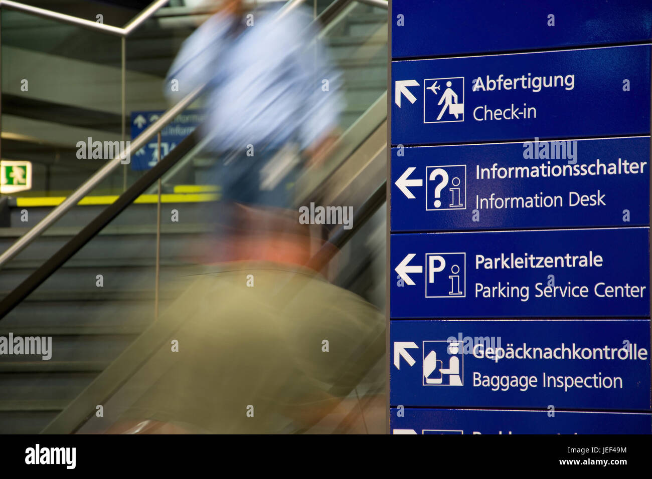 Signs in the airport, Hinweisschilder im Flughafen Stock Photo