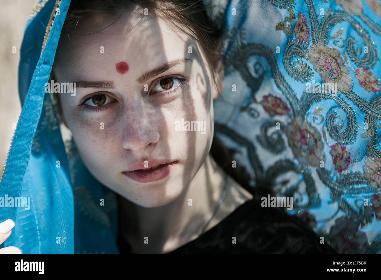 The girl the European covered with a sari, a faces portrait Stock Photo