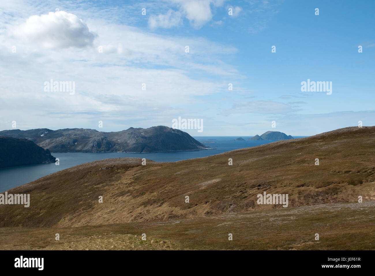 In Norway on the island Mager? ? ya, at a north point, lies the Nordkapp, a slate plateau precipitously towering from the Antarctic Ocean., In Norwege Stock Photo