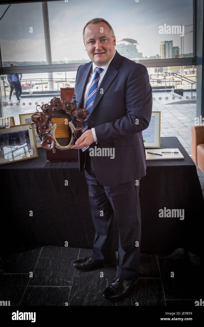 Darren Miller at the Nationsl Assembly for Wales, the Senedd building Cardiff, with the Wreath of Respect Stock Photo