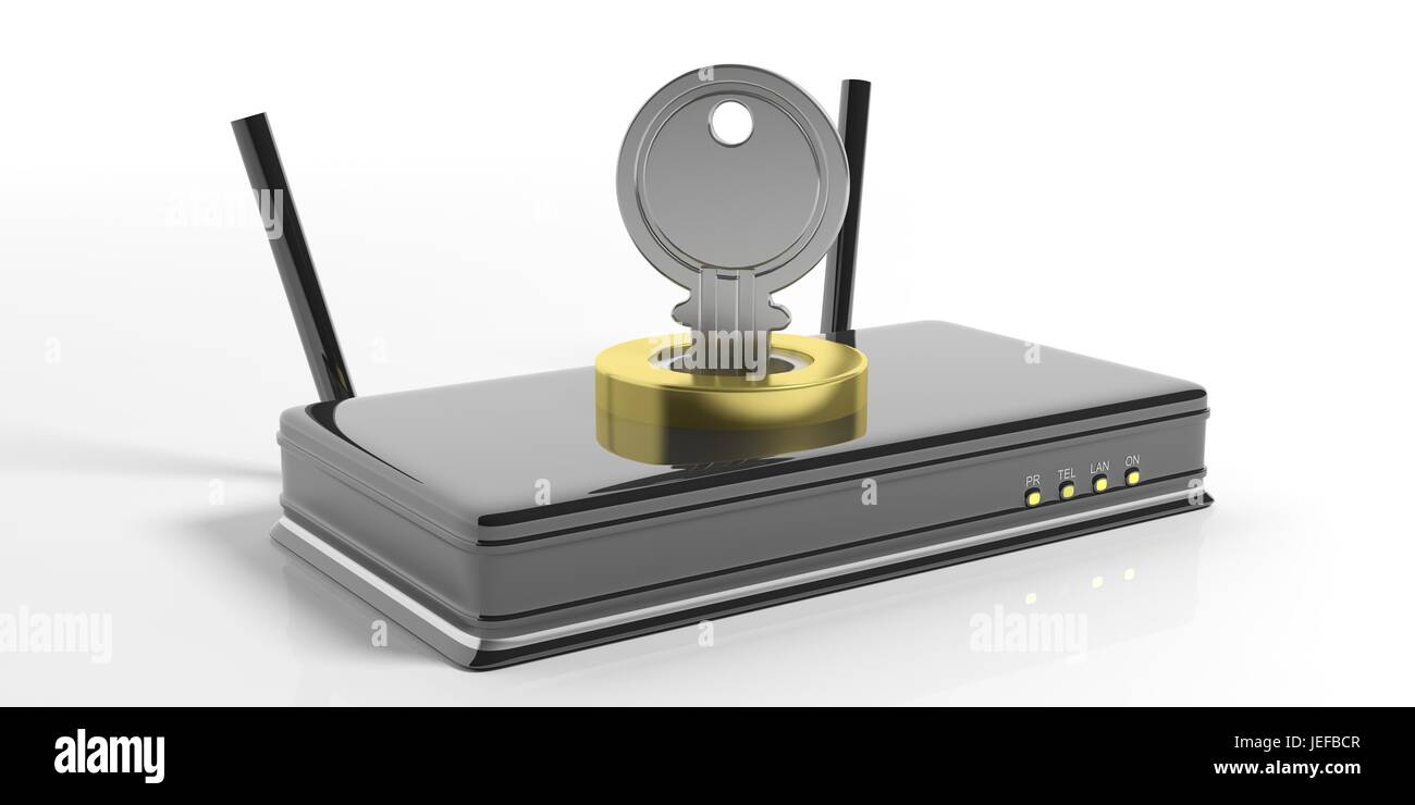 Black wifi router and keylock isolated on white background. 3d ...