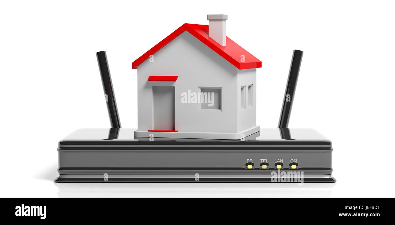Wifi at home concept. Small house on a Wifi router - white background. 3d illustration Stock Photo