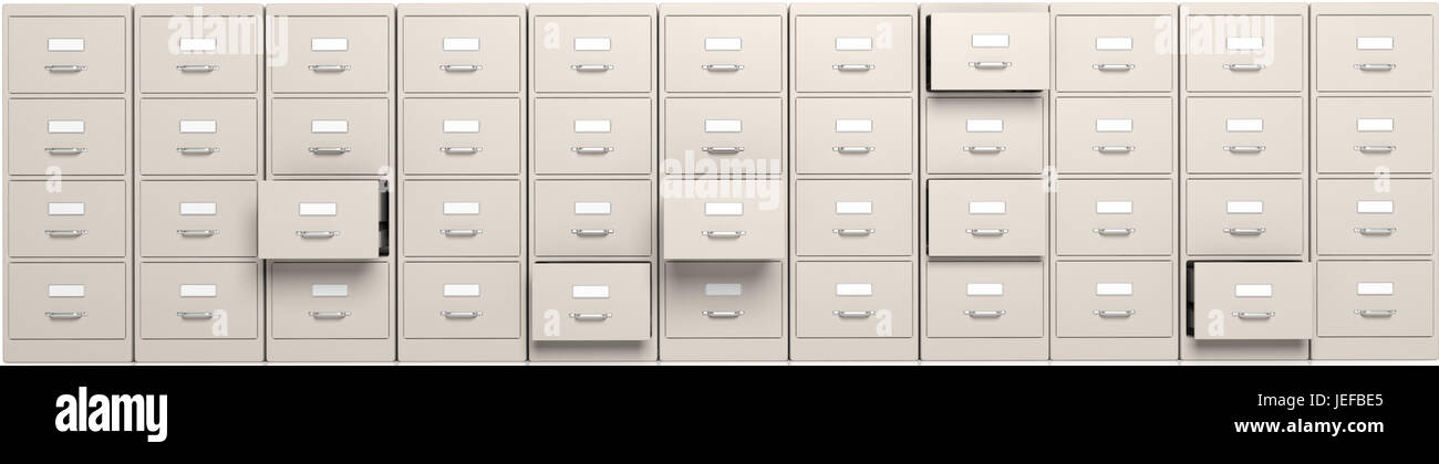 Filing cabinets with open drawers. 3d illustration Stock Photo - Alamy