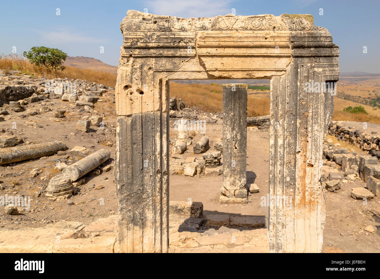The ruins of an ancient Jewish settlement with a synagogue from the fourth century CE with columns, Mount Arbel, Israel. Stock Photo
