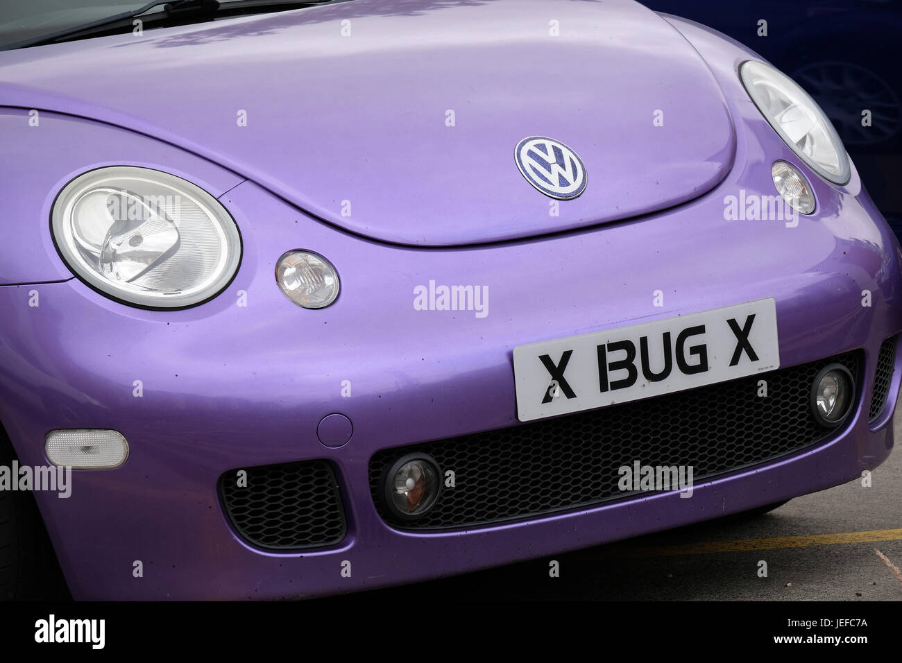 23rd June 2017 - Purple VW Volkswagen New Beetle with private custom number registration plate Stock Photo
