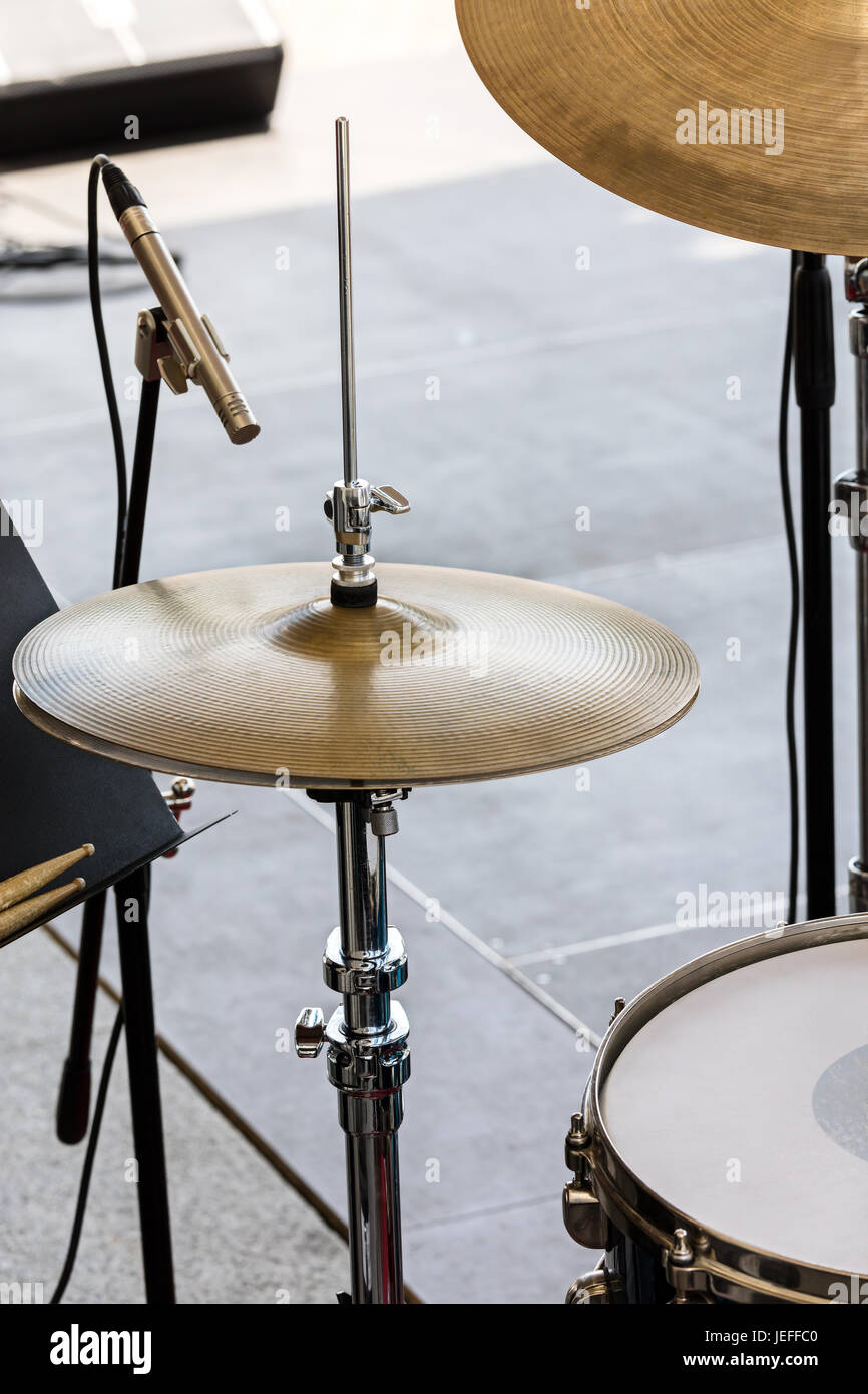 set of drums and metallic cymbals before street performance Stock Photo