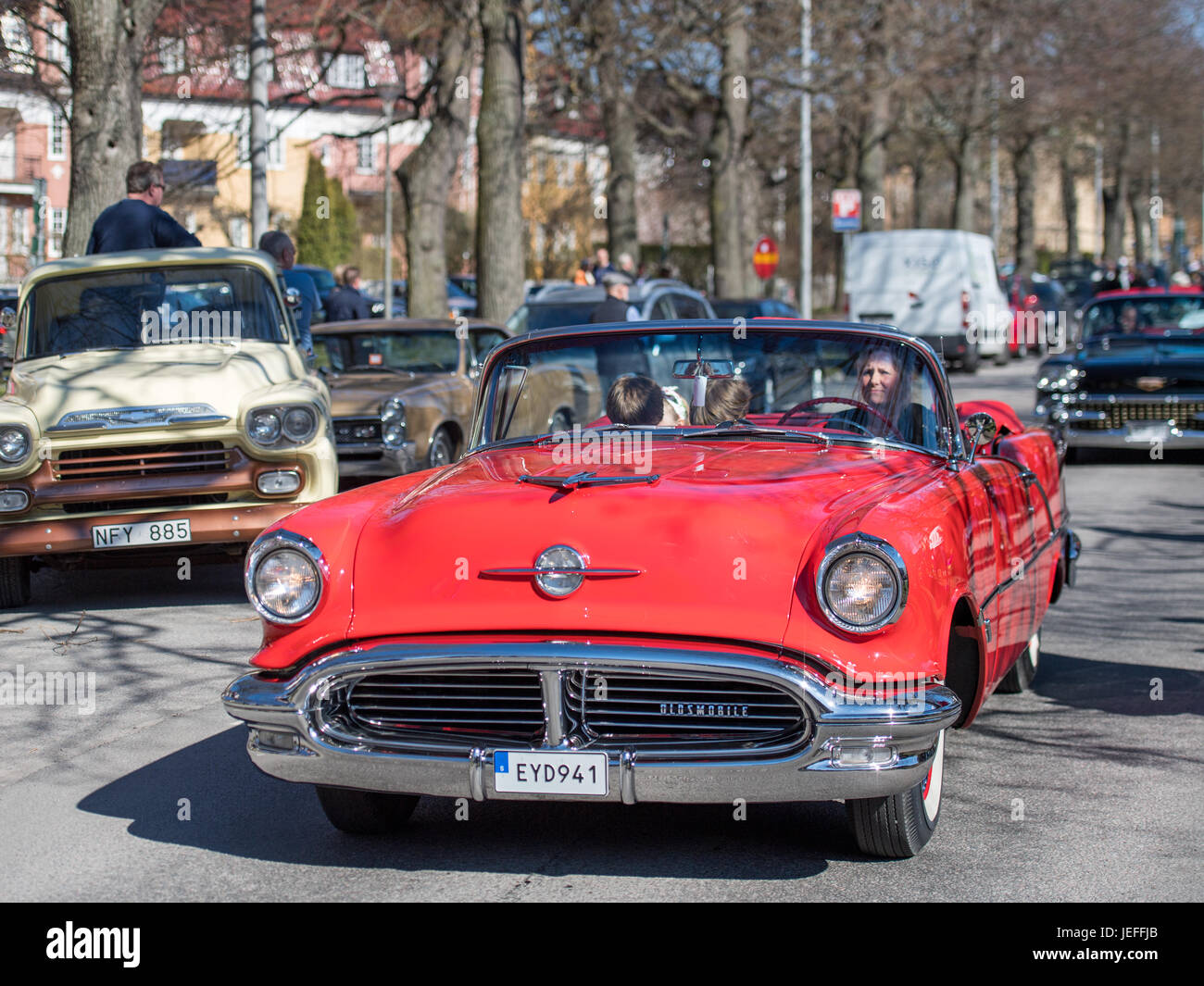 Oldsmobile 88, 1956, cabriolet at the traditional vintage car parade celebrating spring on May Day in Norrkoping, Sweden Stock Photo
